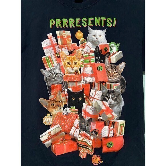 Dec 25th Cat Christmas Presents Black T-Shirt Medium‎ - Picture 2 of 6